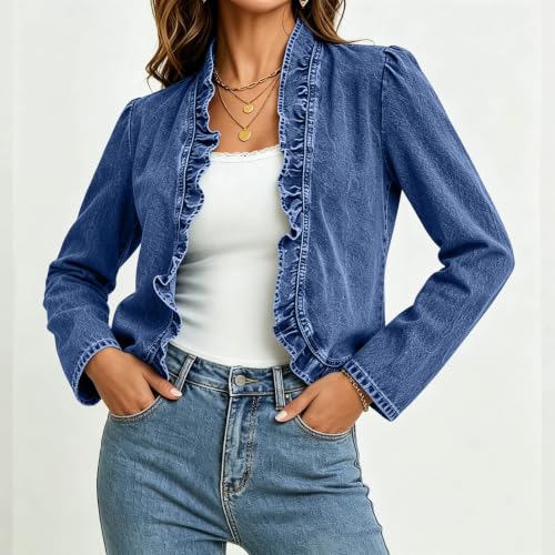 Ruffle Trim Long Sleeve Denim Cardigan - Large, Dark Blue