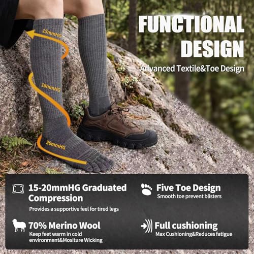 ORVYTHA Merino Wool Compression Toe Socks for Men Women Large Dark 15-20mmHg Hiking