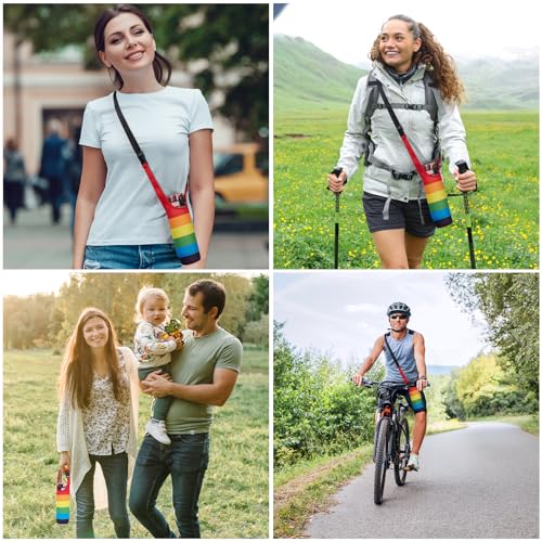 Rainbow Neoprene Bottle Holder - Adjustable Crossbody Pouch - Medium 16oz