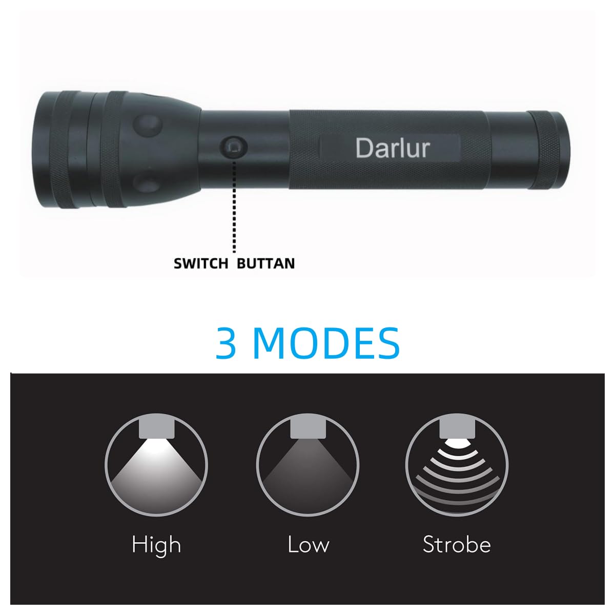 Darlur Heavy Duty 2 D Cell Battery LED Big Flashlights, 3 Light Modes High Low Strobe， High Lumens, Ourdoor，Aluminum，Emergency, Power Outage Supplies