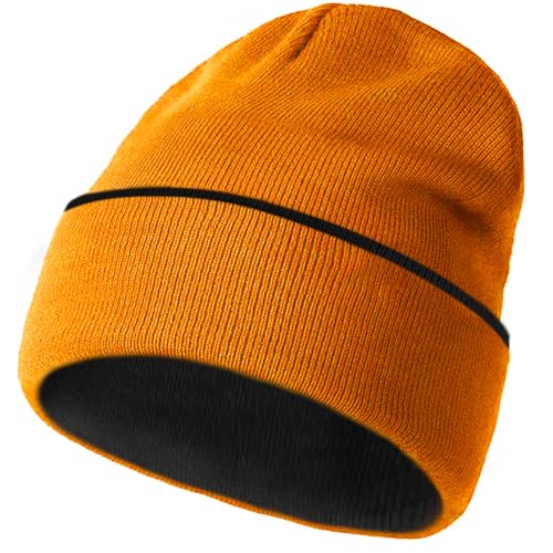 Warm Winter Beanie Hat for Men & Women - Double-Sided Black/Orange