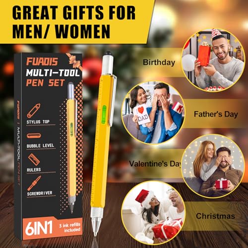 Multitool Pen Gadget - 6-in-1 Tool with Stylus and Refills - Yellow