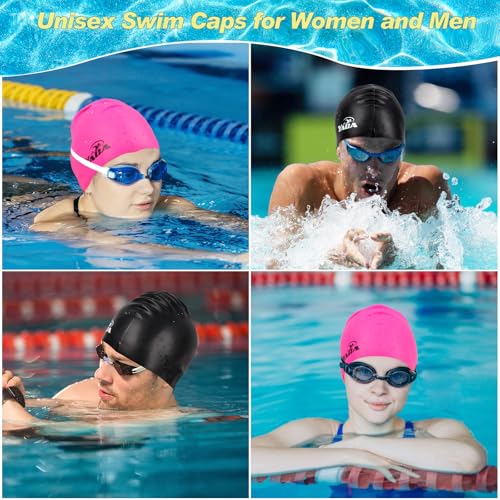 Silicone Swim Cap for Adults - 2 Pack with Ear Plugs, Black & Rose Red
