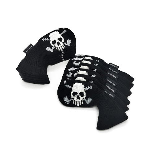 HUGELOONG Golf Skull Golf Iron Head Covers Set 11PCS (3,4,5,6,7,8,9.A,P,S,L) with Light Gray No. On Top, Golf Headcovers Suitable for Right & Left Handed Golfer-Black/White/Light Gray