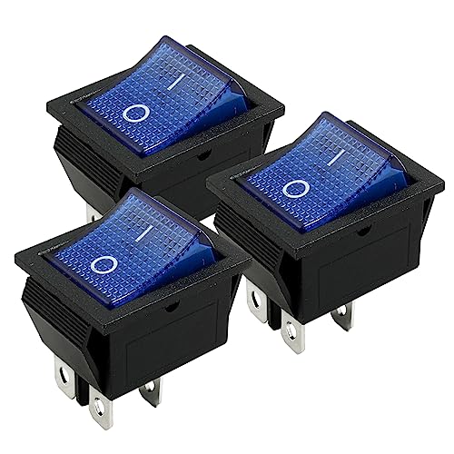 KCD4 DPST Rocker Switch - 4 Pin 2 Position with Blue LED Light - 3 Pack