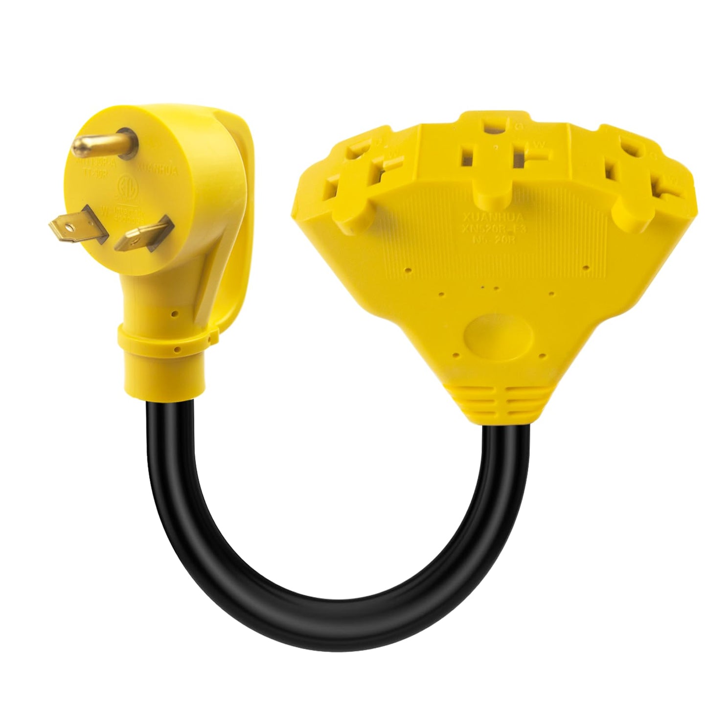 KANGIKX 30 Amp to 110V 20 Amp RV Distribution Adapter, NEMA TT-30P Male to 3X5-15/20R Female RV Generator Adapter Cord, 30 to 20Amp 125V 3-Prong to Multiple Household Outlet 1.6FT