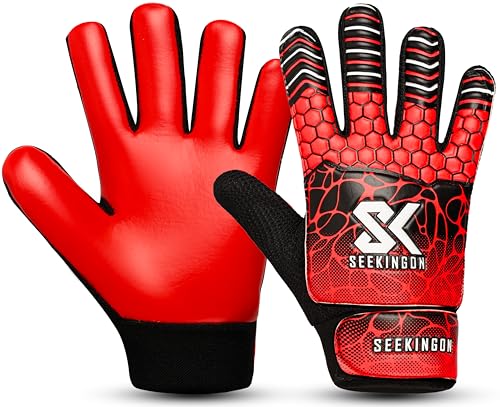 Youth Soccer Goalie Gloves - Size 5 for Ages 9-12, Red/Black