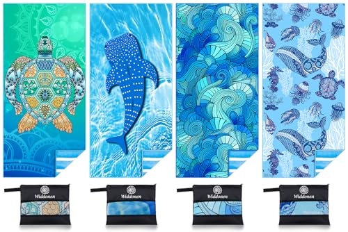Widdonen Microfiber Beach Towel 71x32 in | 4 Pack with Carry Bag - Turtle Whale Freedom