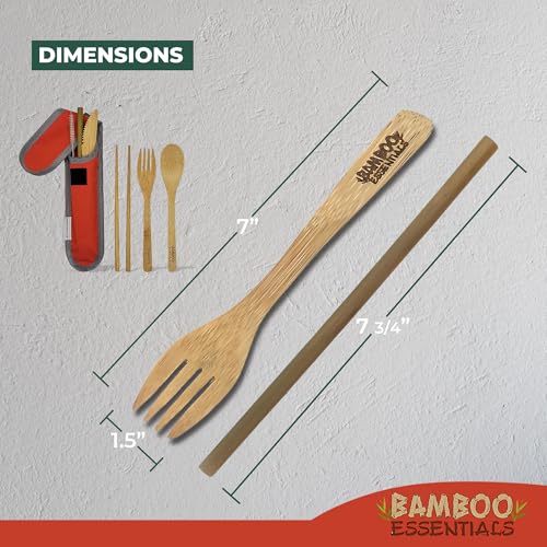 Bamboo Travel Utensil Set with Case - Fork, Spoon, Knife & Straw - Sunset Red