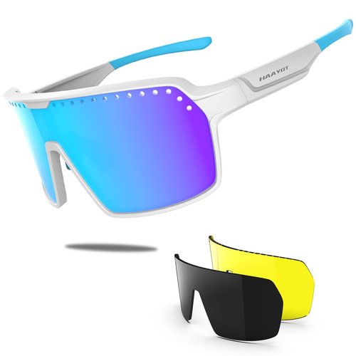 HAAYOT Polarized Cycling Glasses,Sports Sunglasses for Men Women,Baseball Running Fishing Biking Sunglasses with 3 Lenses White Azure Blue