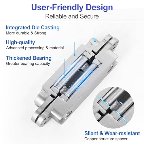2Pcs 6 inch Hidden Door Hinges -Invisible Hinges for Doors, 180 Degree Swing Concealed Hinges, 3 Way Adjustable & Heavy Duty (?Silver)