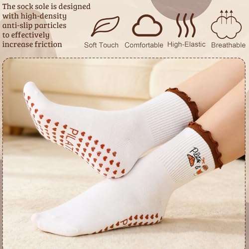 Womens Non-Slip Pilates Yoga Socks - Embroidery Grip Set - Brown, Black / 2
