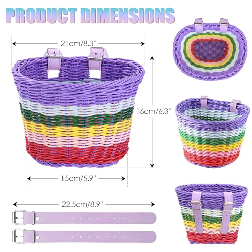 Rainbow Hand-Woven Oval Kids Bike Basket with Leather Straps