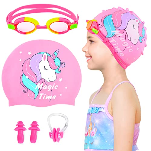 Pink Kids Swim Cap for Girls (Ages 2-6) with Goggles, Ear Plugs & Nose Clip