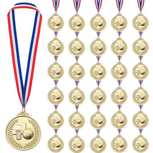 LZHZH Gold Basketball Medals 12 Pack for Kids Sports Awards - Red, White & Blue Ribbons