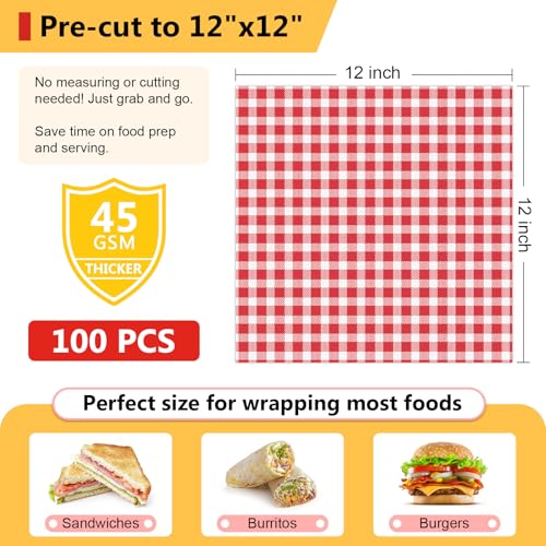 12"x12" Red and White Check Deli Paper - 100 Sheets