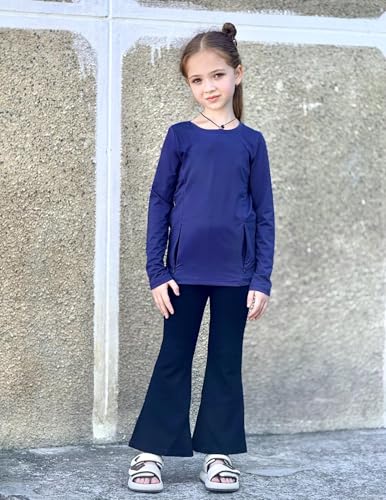 Girls Athletic Long Sleeve Shirt with Zipper Pockets - Navy Blue, 5-6 Years