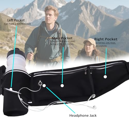 Water Bottle Holder Running Belt - Large Fanny Pack - Black