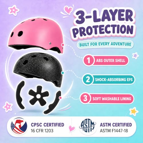 Pink Kids Bike Helmet Set for Ages 3-8 with Knee Elbow Wrist Pads, Small 19.69-21.26"