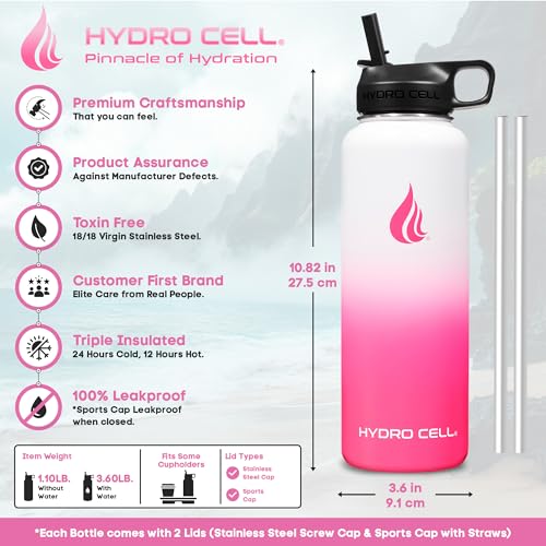 HYDRO CELL 40oz Stainless Steel Insulated Water Bottle with Straw - White/Pink, Leakproof Sport Flask