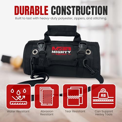 Tool Roll Bag Organizer with Magnetic Plate ? Heavy Duty Polyester, Ideal Gifts For Men, Portable Tool Roll Up Bag with 5 Large Pouches & 4 Tool Strap ? Black (26 Inches)