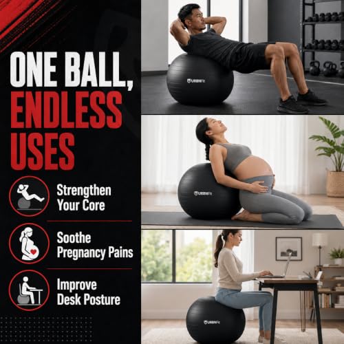 URBNFit Large Anti-Burst Yoga Ball - Exercise & Fitness Ball for Core & Posture