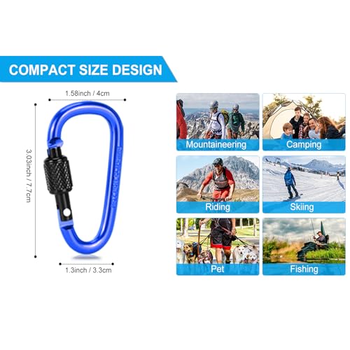 Dark Blue 10 Pack Aluminum D Ring Carabiners with Screw Gate - Multicolored Outdoor Clips