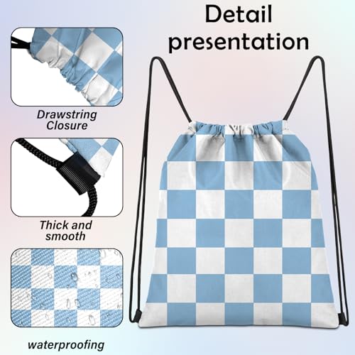 Waterproof Drawstring Backpack for Sports - Blue Checkered