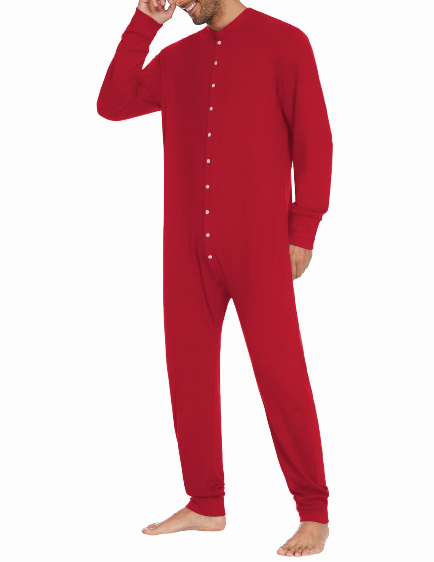 Ekouaer Men's One Piece Pajama Thermal Full Button Union Suit Long Sleeve Onesie with Button Flap Red XL