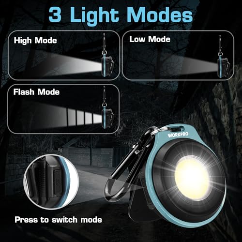 WORKPRO COB Keychain Work Light, 3Pcs EDC Rechargeable Mini Keychain Flashlight, Magnetic Carabiner Flashlight with Hat Clip, 3 Light Modes Emergency Light for Running, Hiking and Fishing, Multicolor