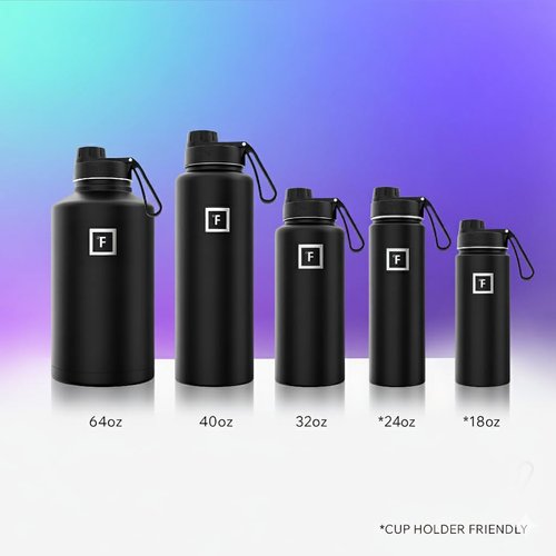 IRON °FLASK Camping & Hiking Hydration Flask with Spout, Wide Mouth Insulated Stainless Steel Sports Water Bottle - Midnight Black 24 oz - Spout (1 Lid)