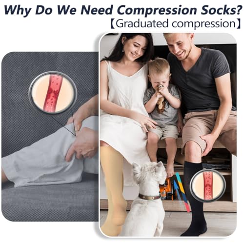 +MD 15-20 mmHg Women Compression Socks Knee High Stockings Beige/Black Large