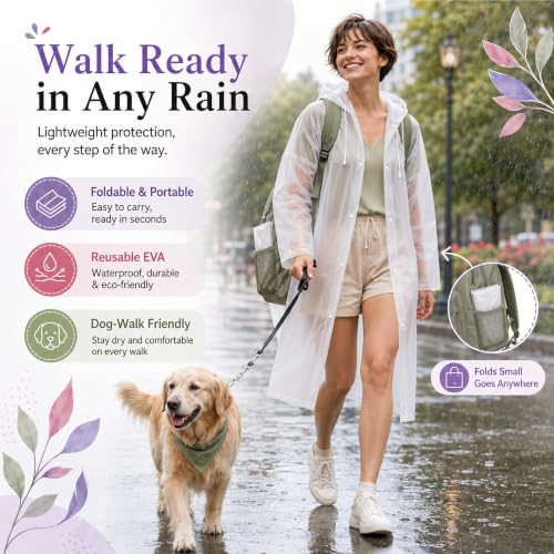 Reusable Waterproof Rain Ponchos for Adults - Translucent White (2 Pack)