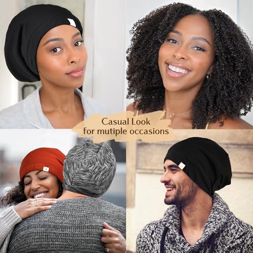 Slouchy Beanie Hat Satin Lined Sleep Cap for Men & Women - Adjustable, Breathable, Black