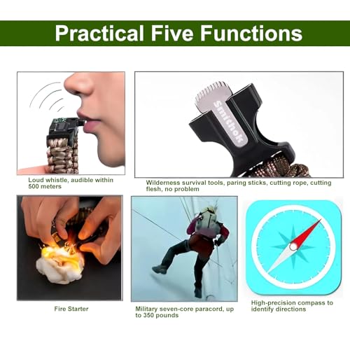 5-in-1 Survival Paracord Bracelet - Adjustable with Whistle, Compass, Fire Starter - 4-Pack Multi-Color