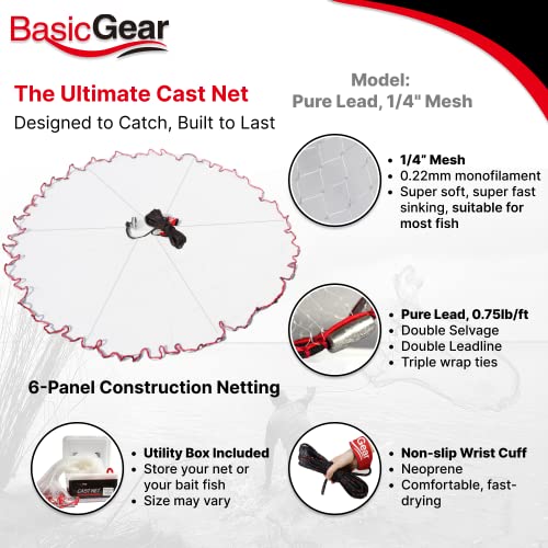 BasicGear 4ft Radius Cast Net with 1/4 inch Mesh for Bait Fish - Heavy Duty