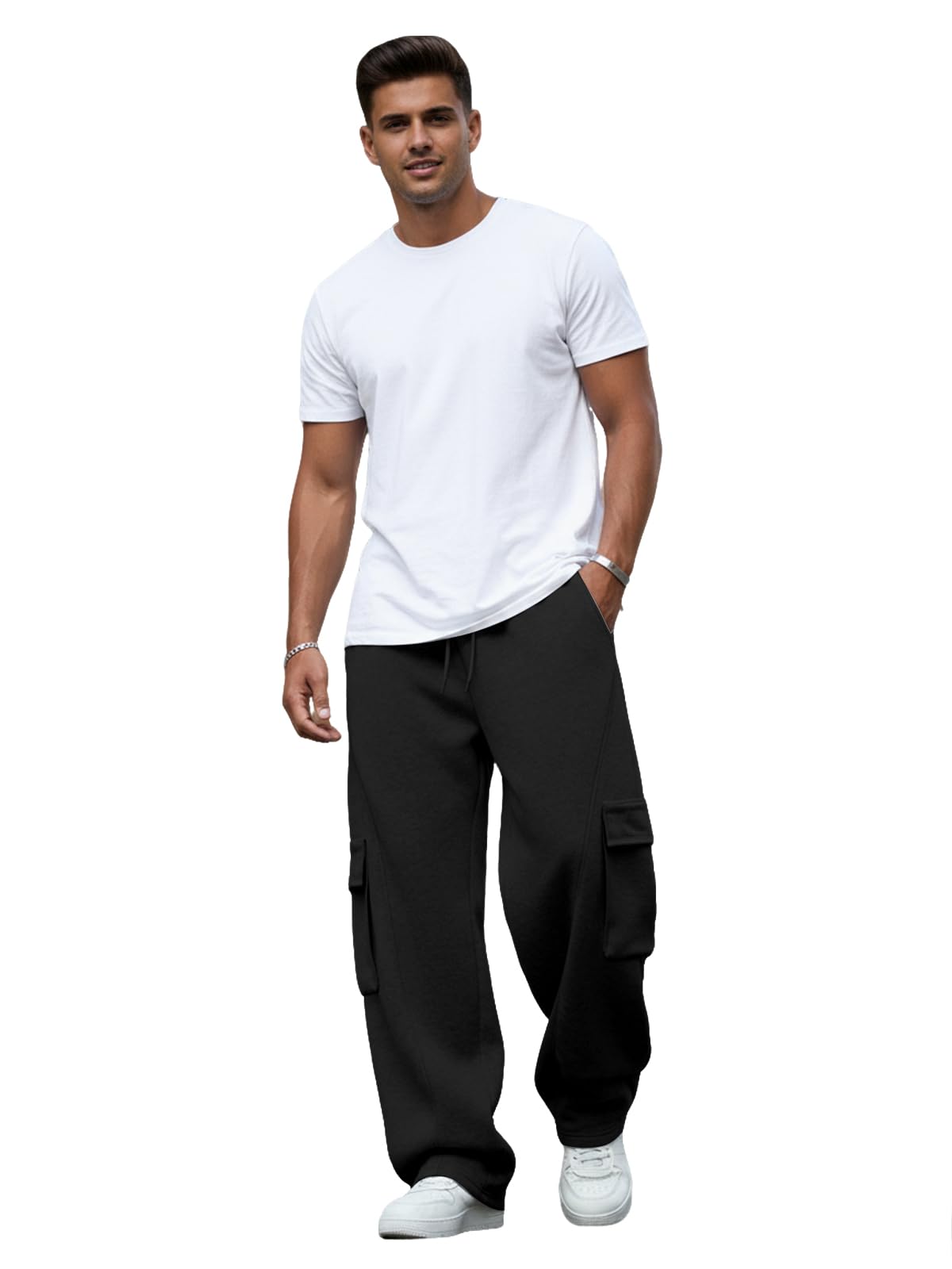Pillxter Men's Baggy Sweatpants Heavyweight Fleece Cargo Pants Wide Leg Loose Fit Casual Joggers Sweat Pants for Men with Pockets,Black
