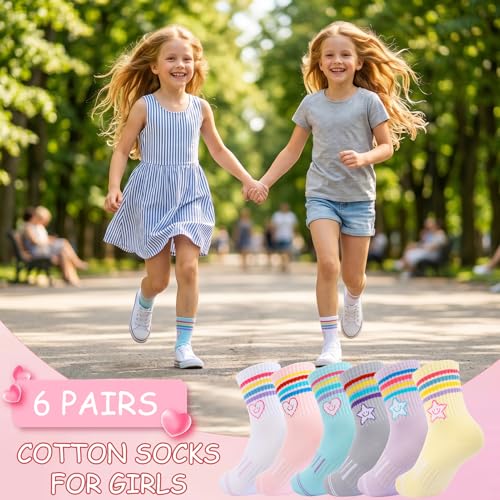 Girls Athletic Crew Socks - 6 Pairs for Ages 6-8 - Pink, Blue, Gray & More