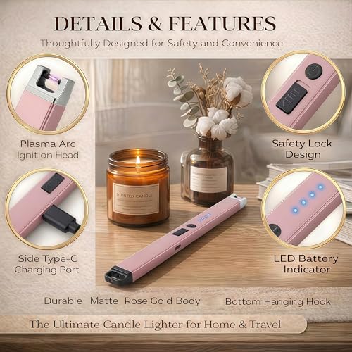 Electric Candle Lighter, USB Rechargeable Flameless Arc Lighter - Rose Gold