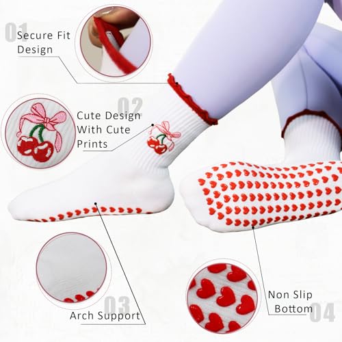 Non-Slip Pilates Socks with Ruffle - Women's Yoga Grip Socks - Red