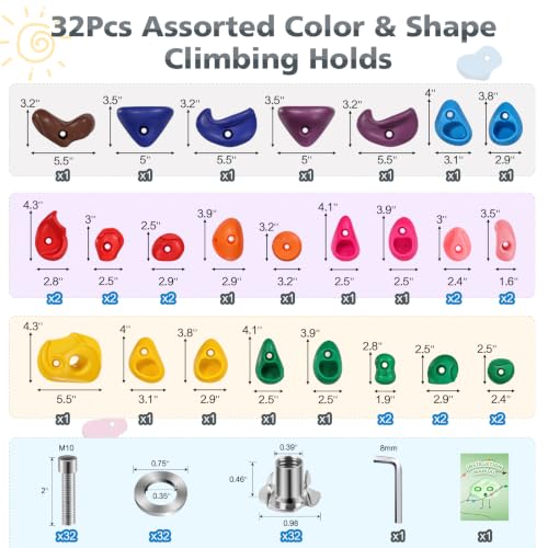 32 Multi-Size Rock Climbing Holds Set - Multi-Color for Kids & Adults