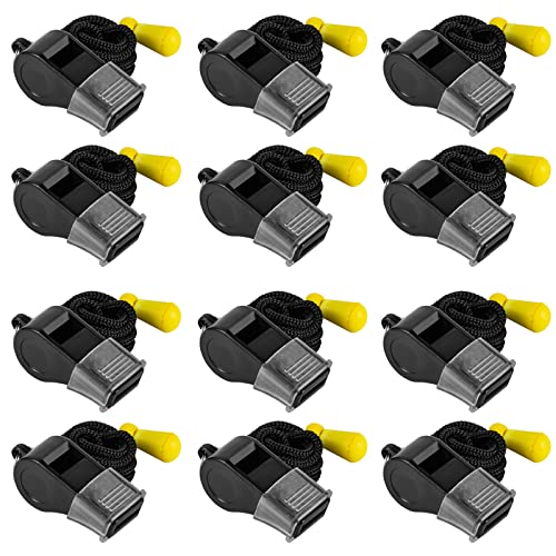 12 Pack Black Sport Whistles with Lanyards for Coaches & Referees