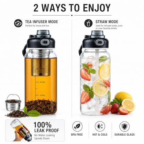 Wangsdjy 34oz Glass Water Bottle with Straw & Infuser - BPA-Free, Large Capacity, Protective Sleeve, 1PCS