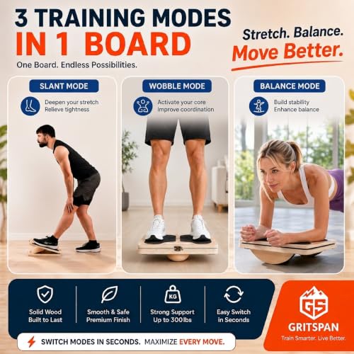 GRITSPAN 3-in-1 Adjustable Wooden Balance & Wobble Board - Standard