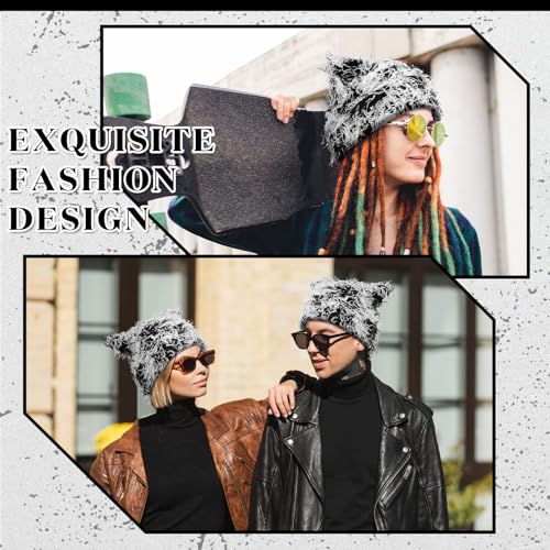 Chuarry Distressed Knitted Cat Ear Beanie Y2K Winter Hat for Women Men - Black & White
