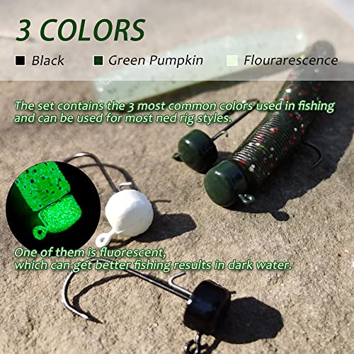 VMSIXVM 1/8 oz Ned Rig Kit with 60 Pcs: 20 Baits + 40 Ned Worms Glow Jigheads