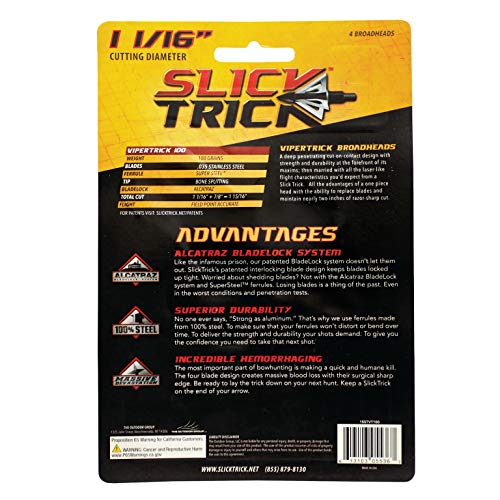 Slick Trick Broadhead 1-1/16" ViperTrick 100 Grain 4 Pack Hunting Arrowheads
