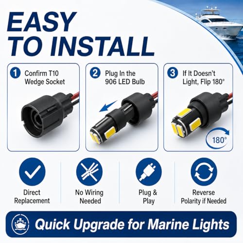 906 LED Boat Bulbs - T10 Wedge Base, 12V White 6000K, Pack of 4