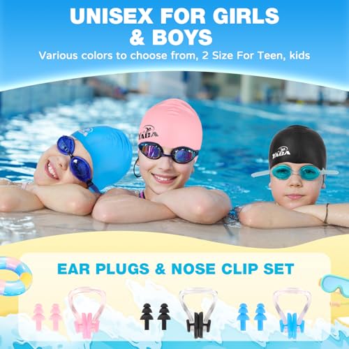 Kids Swim Caps for Long Hair - 2 Pack Silicone, Black & Blue