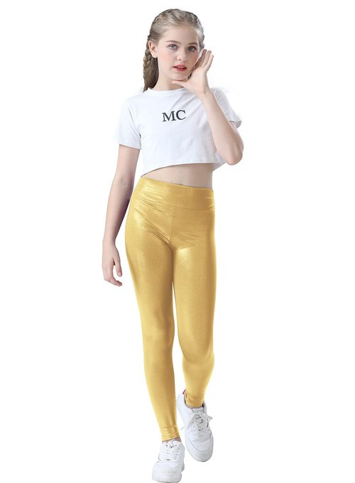 Jinhiteam Girls Metallic Leggings Size 11-12 Years Old High Waisted Dance Pants Kids Stretchy Active Tights